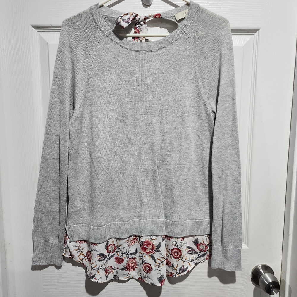 LOFT Heather Gray Sweatshirt with Floral Trim